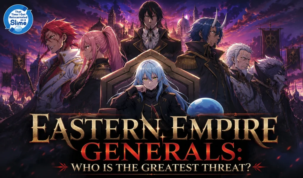 Eastern Empire Generals featured in a dramatic anime-inspired battlefield scene, with a blue-haired central commander surrounded by powerful military figures beneath a dark purple sunset.