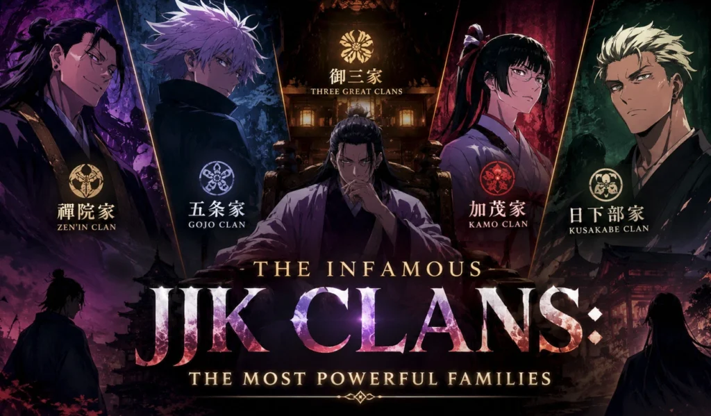 JJK Clans portrayed in a cinematic anime-style composition, featuring powerful sorcerer families surrounding a central figure with dramatic shrine-inspired scenery and rich purple, red, gold, and teal lighting.