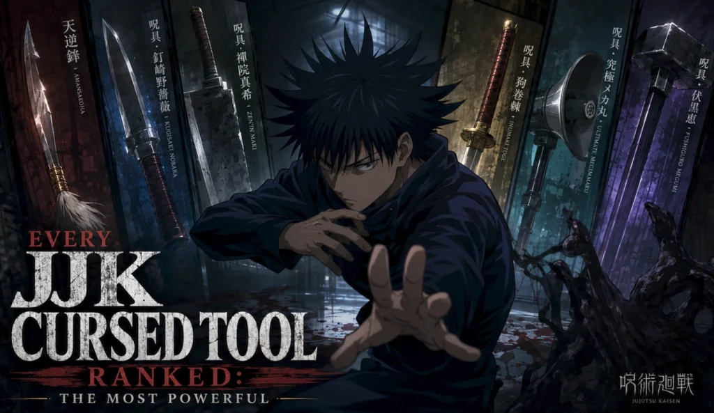 JJK Cursed Tool ranking banner featuring a powerful sorcerer surrounded by iconic cursed weapons, including blades, chains, hammers, and other supernatural tools, with dramatic anime-inspired artwork.