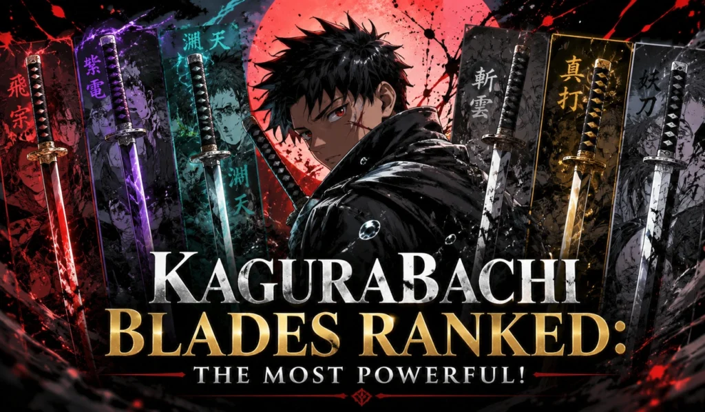 Kagurabachi Blades ranked in a cinematic anime-inspired feature banner with a central swordsman surrounded by powerful enchanted blades