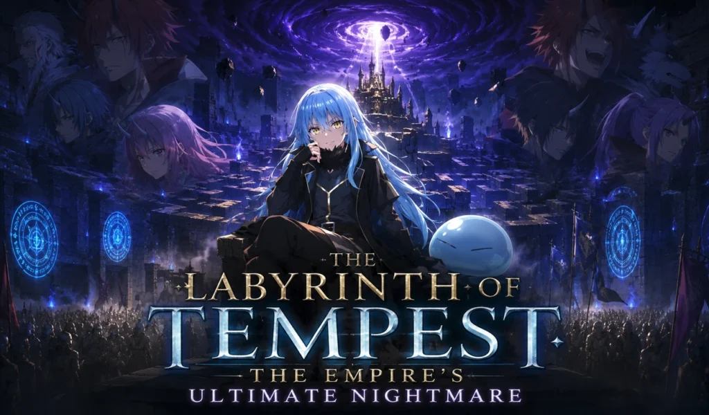 Labyrinth of Tempest fantasy anime-inspired scene featuring a blue-haired magical character, a translucent slime companion, a mystical fortress, and a dramatic purple-blue sky