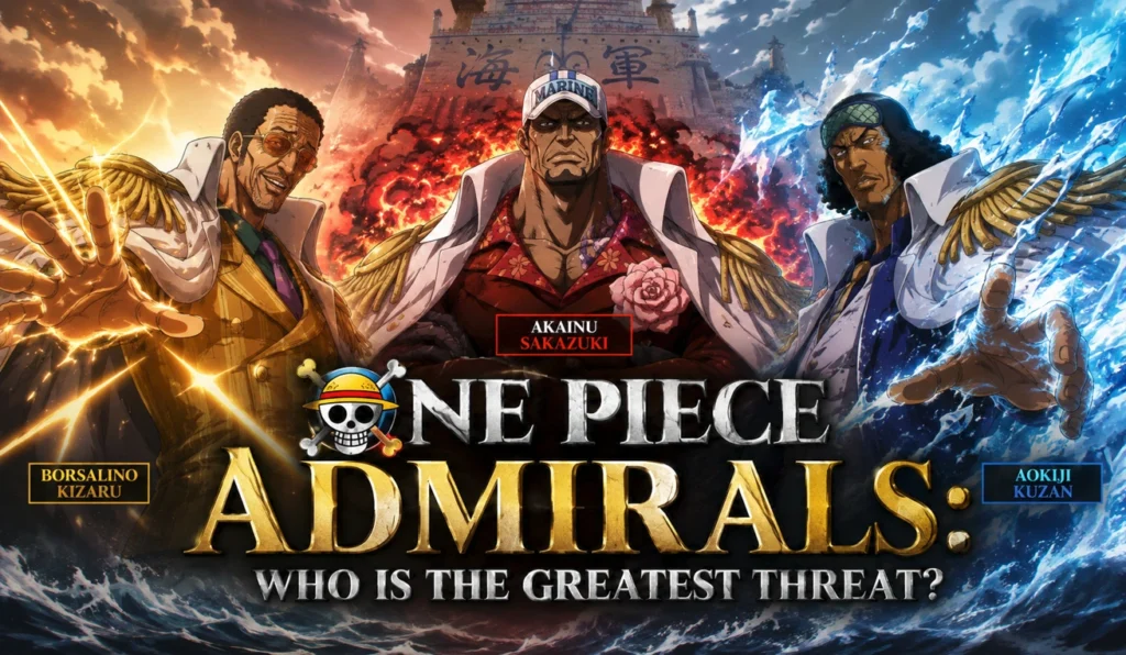 One Piece Admirals featured in a dramatic Marine-themed illustration comparing the Navy's strongest fighters and asking who poses the greatest threat.