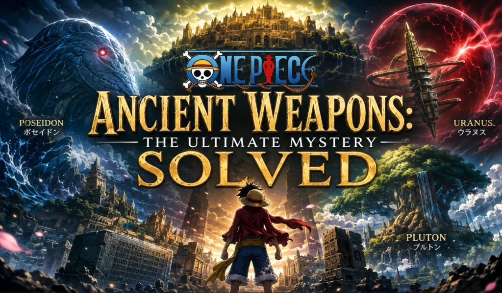 One Piece Ancient Weapons artwork featuring mysterious ancient relics, oceanic ruins, and legendary powers in a cinematic anime-inspired landscape.