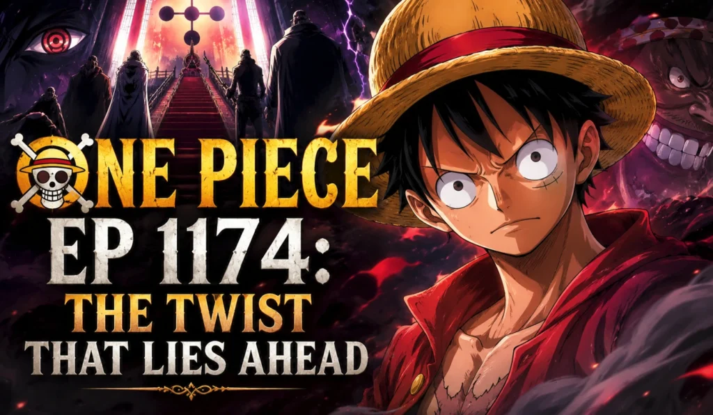 One Piece Ep 1174 thumbnail featuring Luffy facing a mysterious dark throne-room setting with ominous figures, dramatic red and purple lighting, and the headline “The Twist That Lies Ahead.”