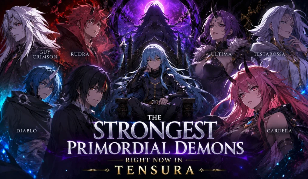 Primordial Demons from Tensura gathered around Rimuru in a dramatic anime-inspired feature banner showcasing the strongest demonic characters.