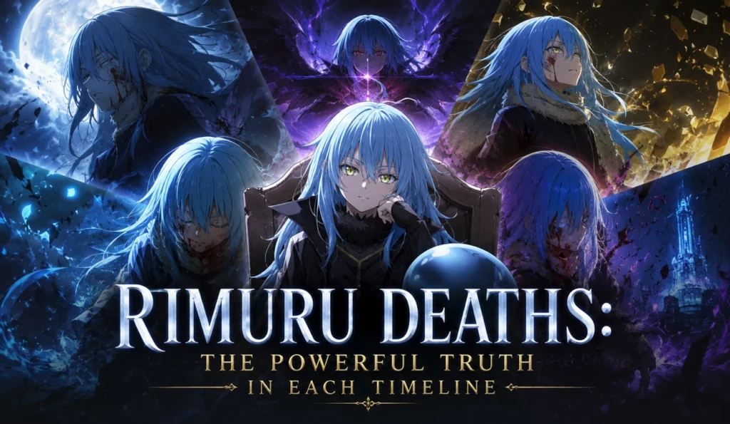 Rimuru Deaths: cinematic anime-inspired banner showing multiple versions of Rimuru across mysterious timelines, with dramatic blue and purple lighting