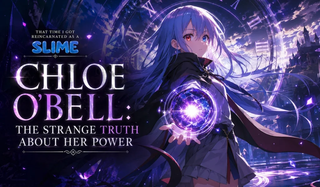 Chloe O'Bell surrounded by mysterious time magic in a cinematic anime-inspired scene, representing the strange truth about her power.