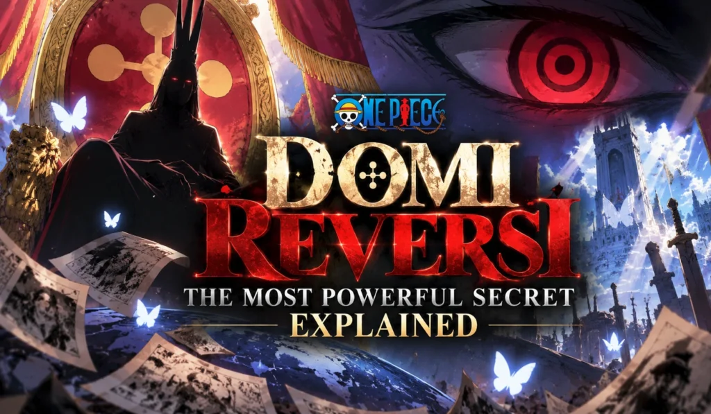 Domi Reversi One Piece feature banner with a mysterious shadowy figure, a glowing red eye, ancient architecture, and dramatic red and blue lighting.