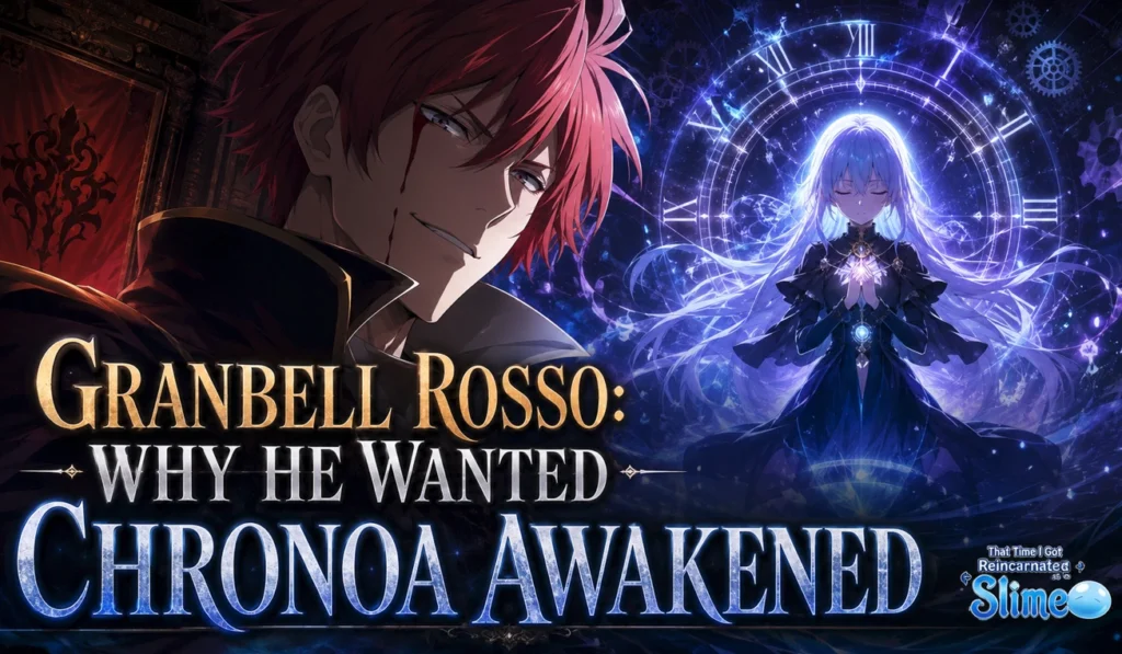 Granbell Rosso standing before an awakened Chronoa-inspired figure in a dramatic fantasy setting, with glowing clockwork motifs and cinematic blue and crimson lighting.