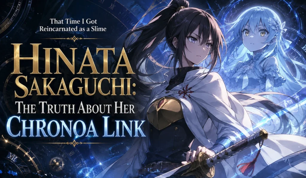 Hinata Sakaguchi standing before a mysterious Chronoa connection in a cinematic anime-inspired fantasy scene