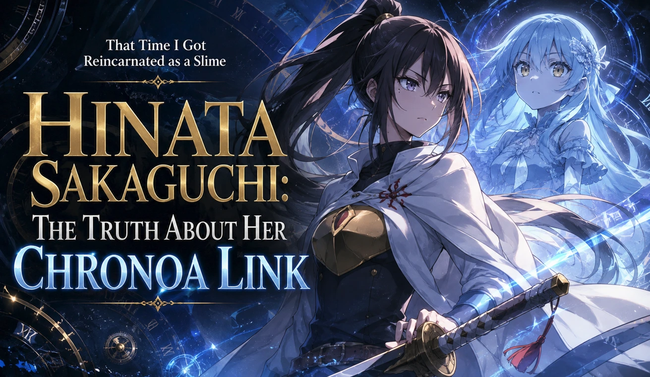 Hinata Sakaguchi standing before a mysterious Chronoa connection in a cinematic anime-inspired fantasy scene