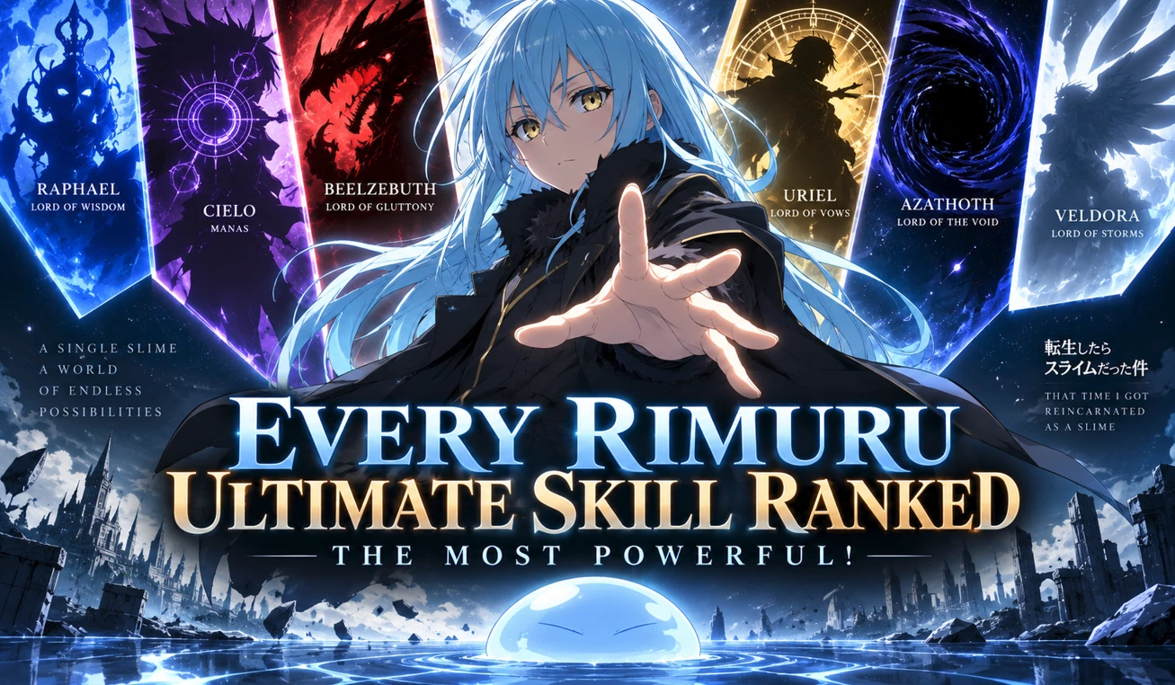 Rimuru surrounded by powerful ultimate skill symbols in a dramatic fantasy anime-inspired scene