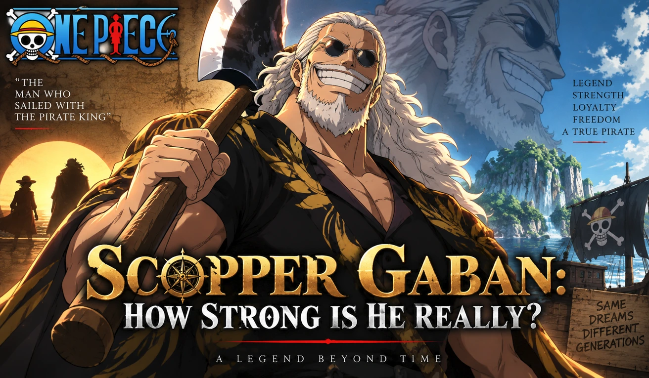 Scopper Gaban standing with his axe in a cinematic pirate-themed anime illustration