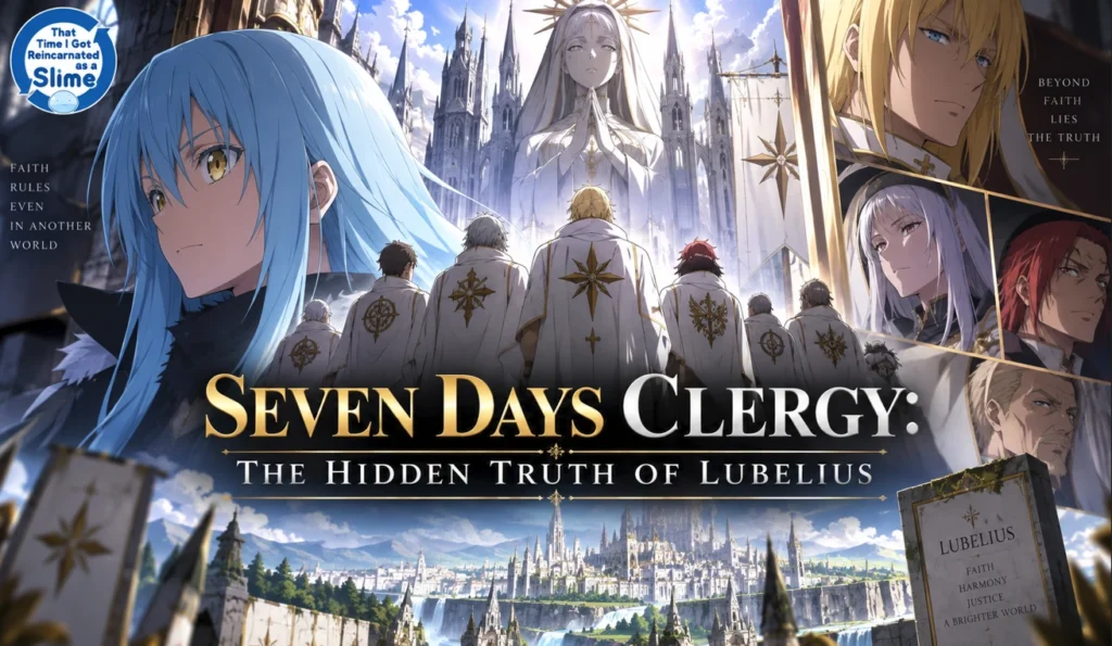 Seven Days Clergy in Lubelius surrounded by sacred architecture and powerful anime characters