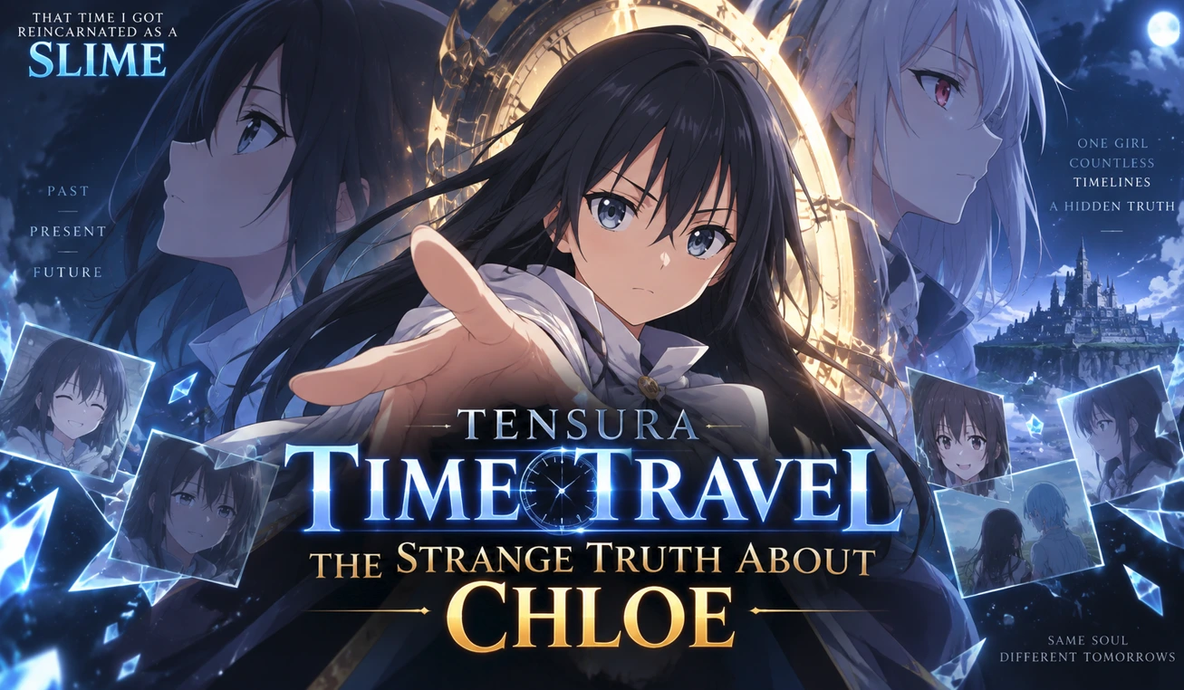 Tensura Time Travel – Chloe surrounded by mysterious timelines, clock imagery, and memories from different eras