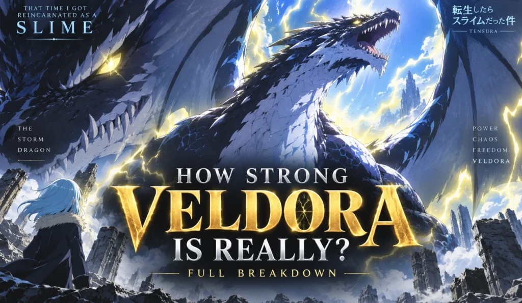 Veldora portrayed as a powerful storm dragon amid lightning and dramatic ruins, with a cinematic fantasy atmosphere.