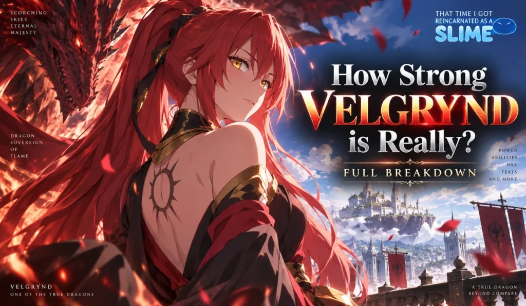 Velgrynd surrounded by flames with a dramatic dragon backdrop and floating city in a cinematic anime-inspired scene