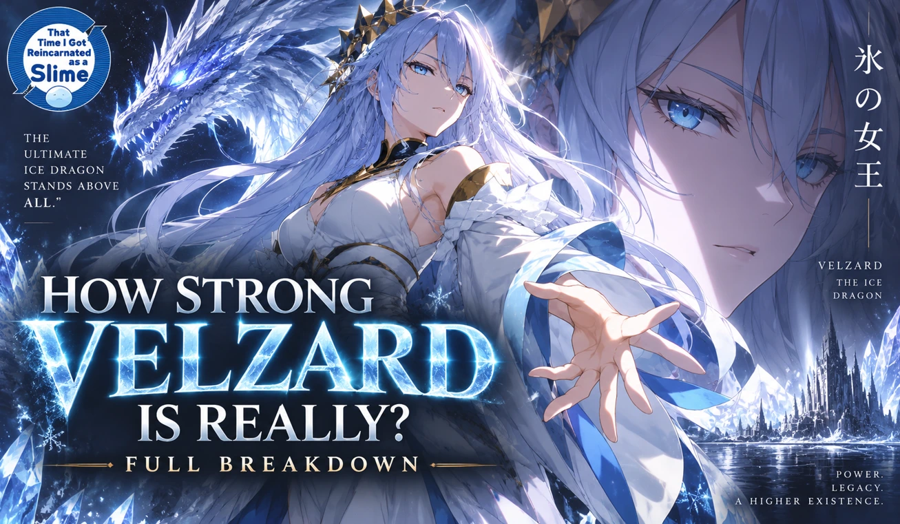 Velzard from That Time I Got Reincarnated as a Slime surrounded by crystalline ice and a majestic ice dragon, representing her immense power and status.