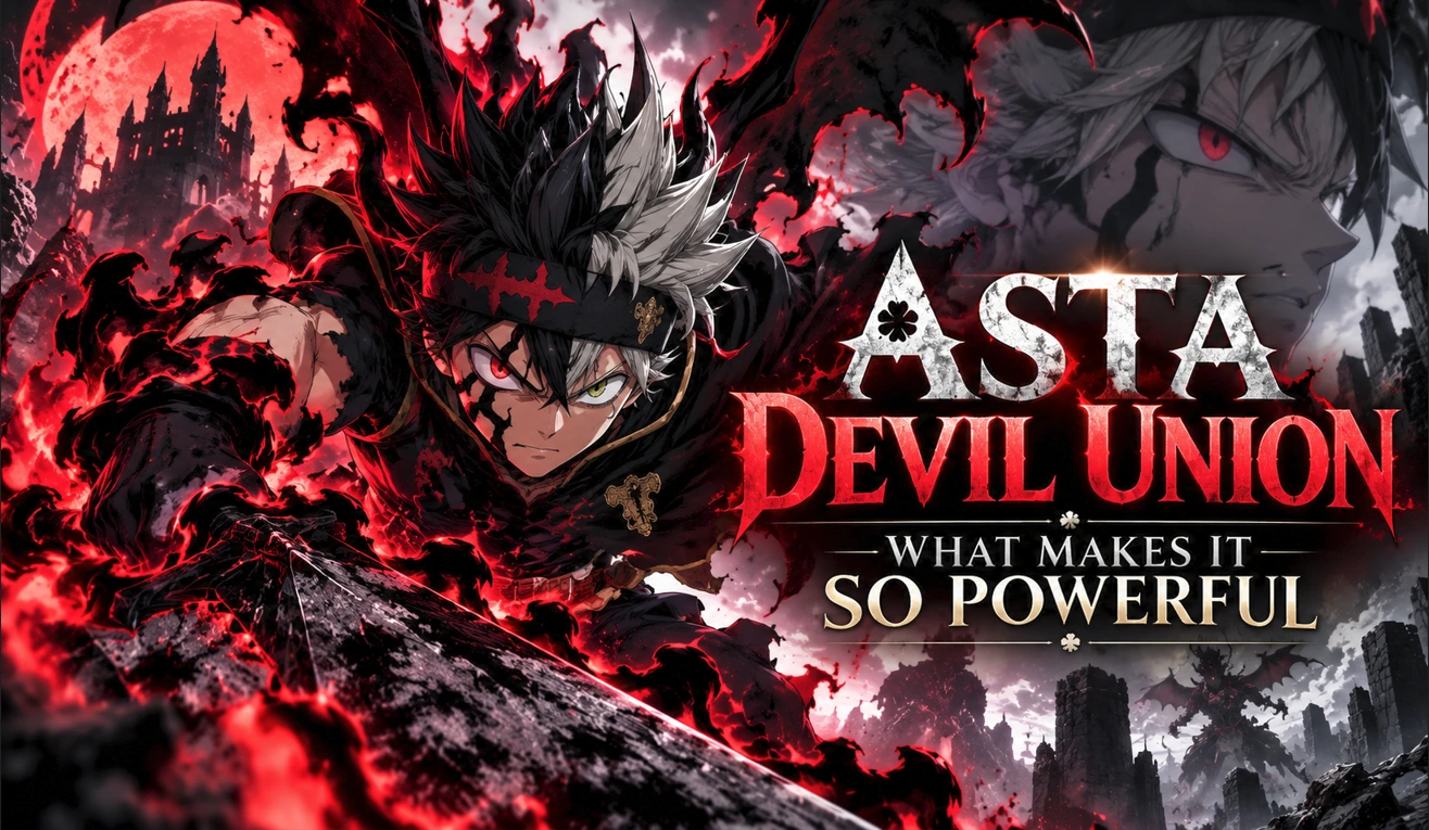 Asta Devil Union unleashes anti-magic power with a demonic aura and massive sword in a dramatic red-and-black battlefield.