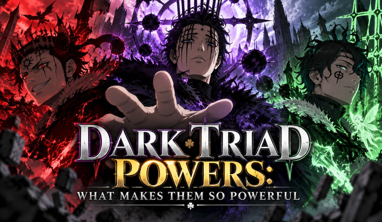 Dark Triad powers in Black Clover featuring three formidable characters surrounded by red, purple, and green magical energy.