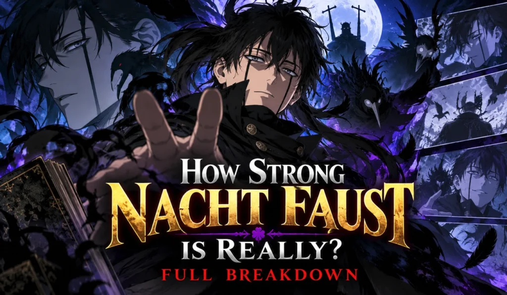 Nacht Faust from Black Clover portrayed in a dark cinematic setting with shadow magic and purple-blue lighting
