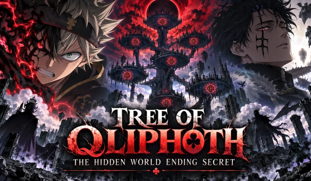 Tree of Qliphoth surrounded by crimson portals and dark fantasy landscapes, with anime-inspired characters representing the apocalyptic mystery of Black Clover.
