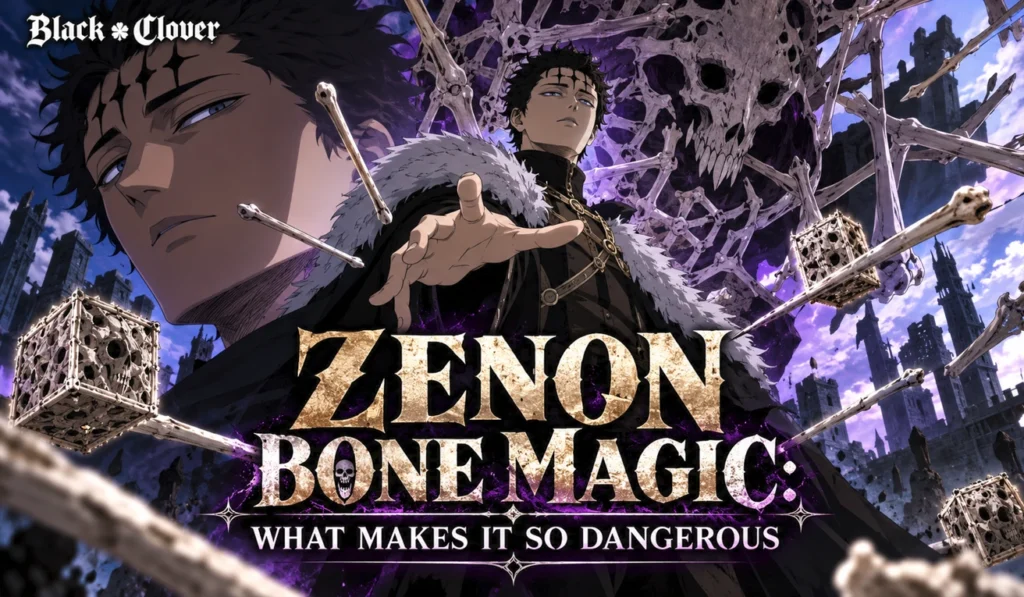 Zenon using Bone Magic surrounded by skeletal structures and dark purple energy in Black Clover-inspired anime artwork.