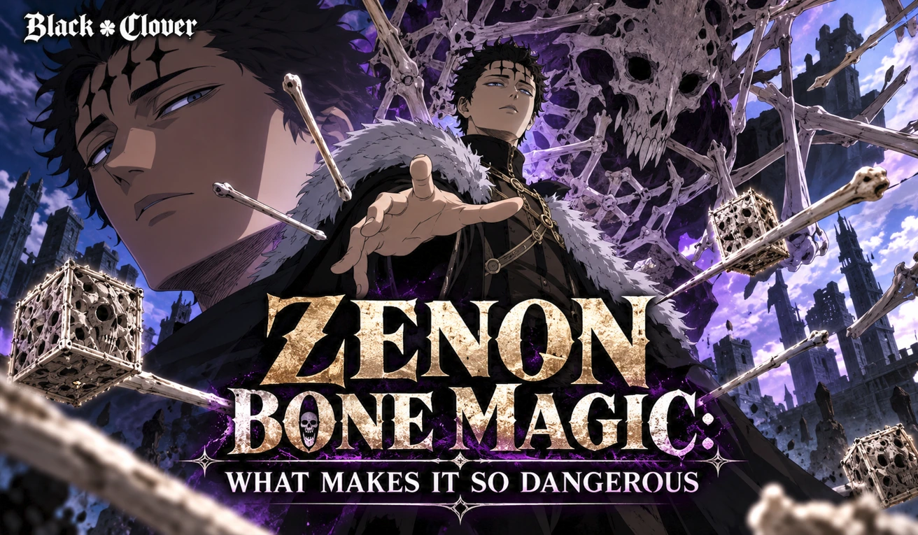 Zenon using Bone Magic surrounded by skeletal structures and dark purple energy in Black Clover-inspired anime artwork.